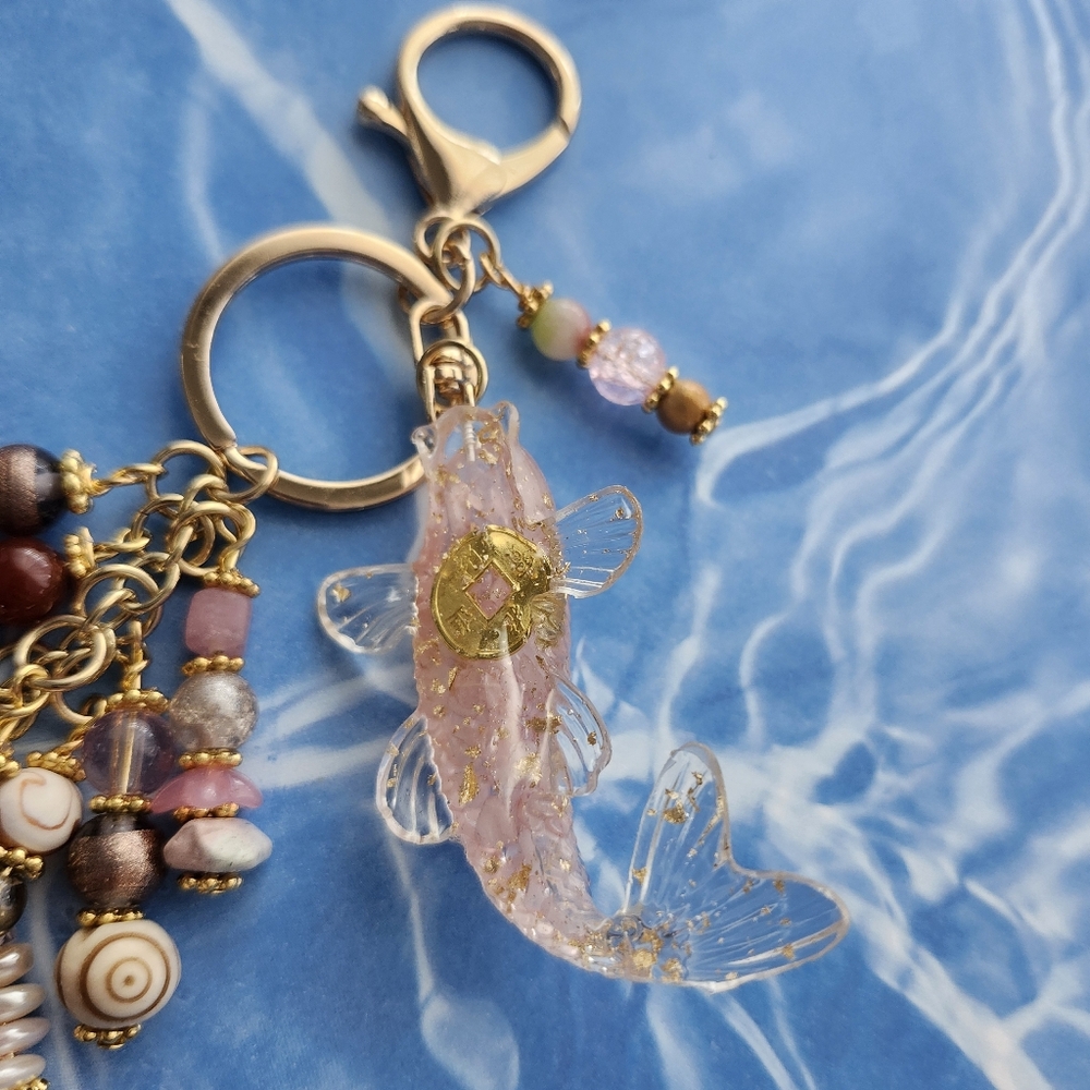 Koi Fish with Lucky Coin Purse Charm or Keychain Glass Stone Handcrafted - Picture 2 of 3